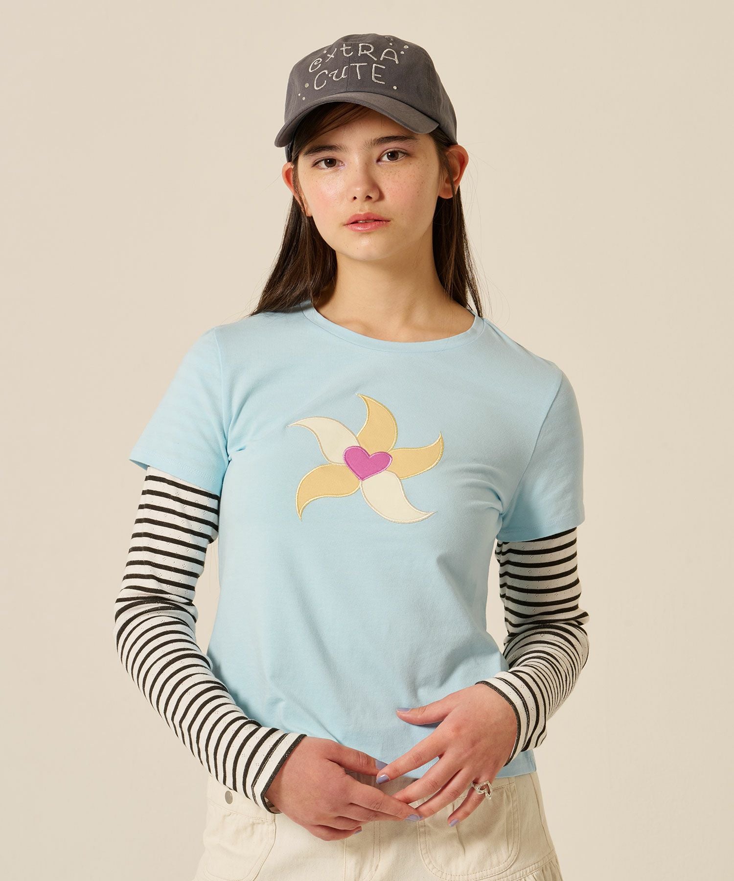 SUMMER SALE レイヤード風 パッチワークTシャツ TINA：JOJUN 全2色