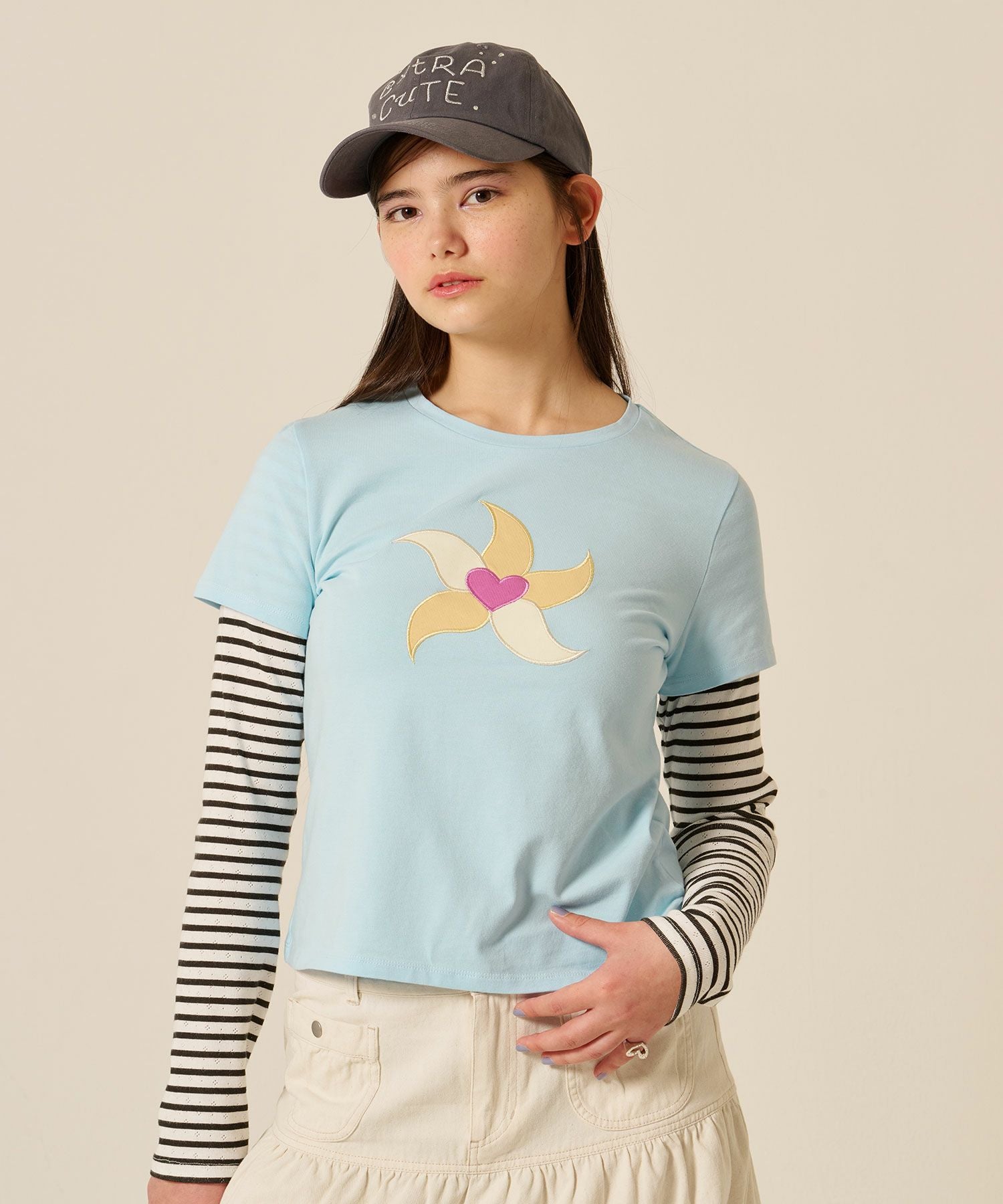 SUMMER SALE レイヤード風 パッチワークTシャツ TINA：JOJUN 全2色
