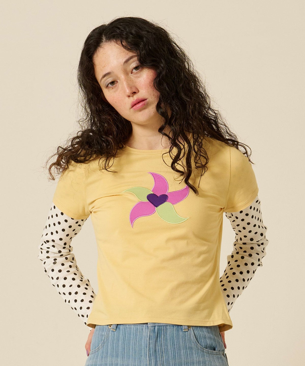 レイヤード/ロンT/ドット/イエロー