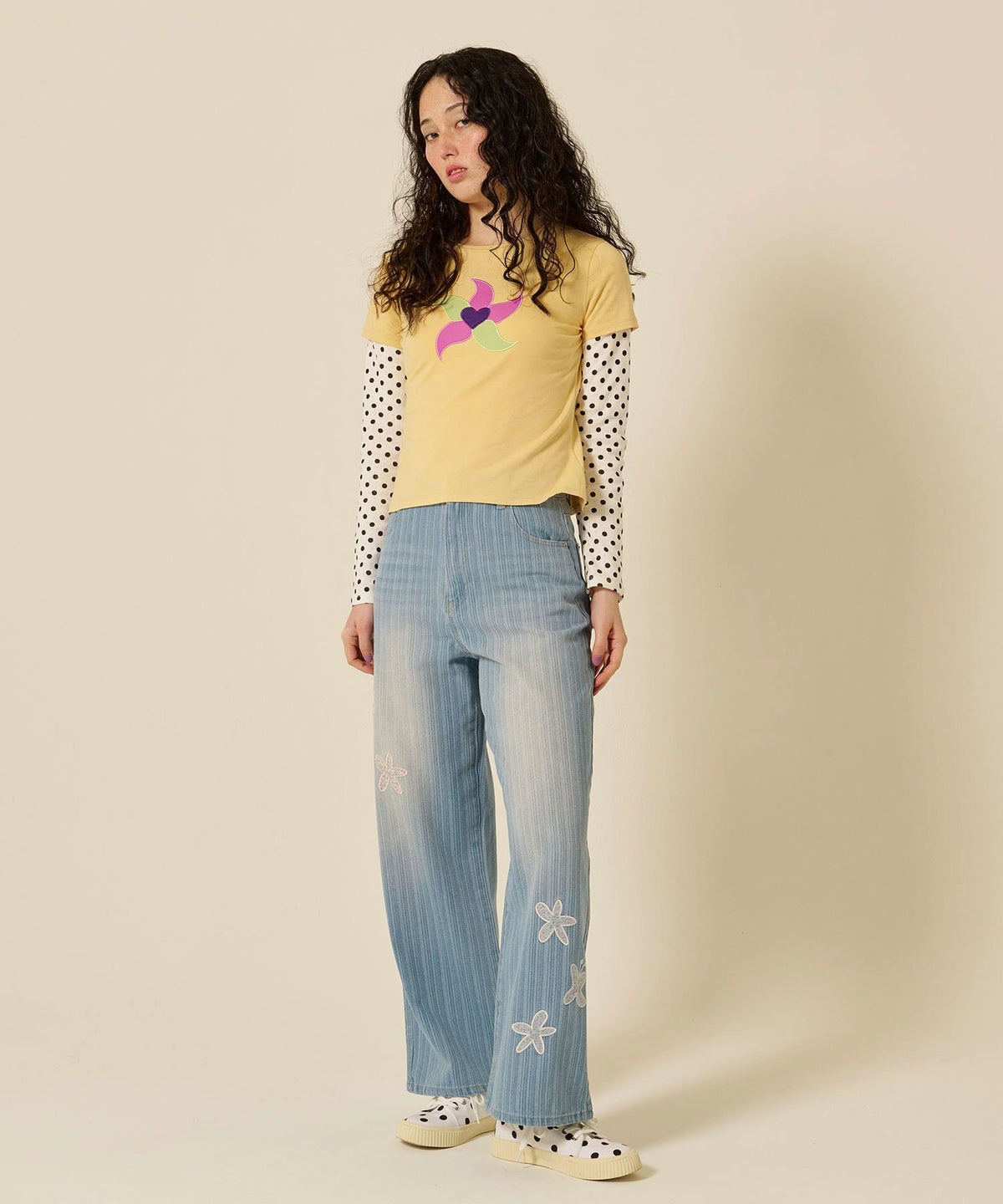 レイヤード/ロンT/ドット/イエロー