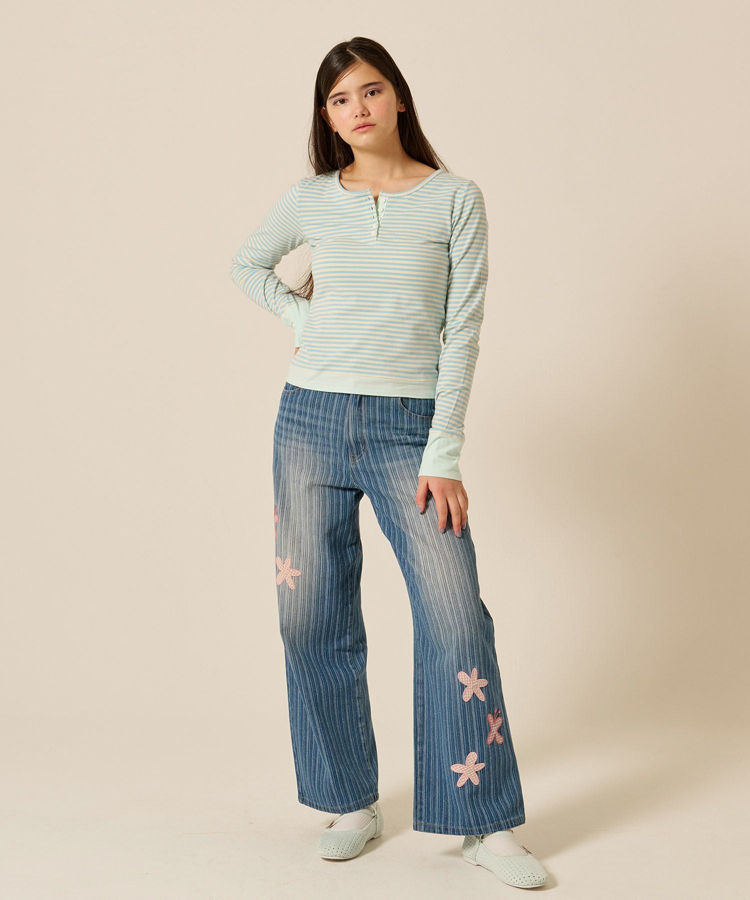 TINA：JOJUN パッチワーク ストライプ デニムパンツ - サックス パッチワーク ストライプ デニムパンツ TINA：JOJUN 全2色｜tnj711