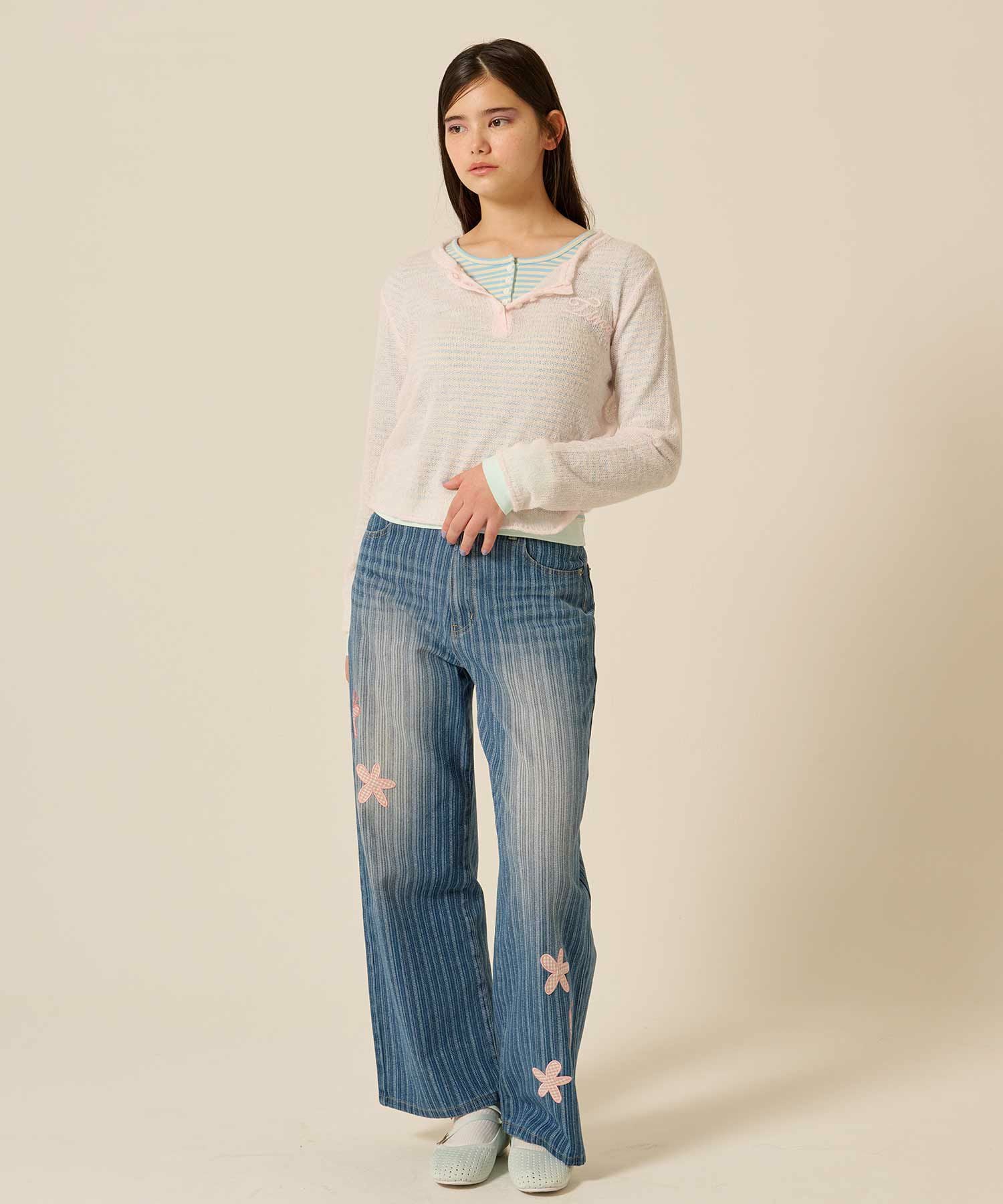 パッチワーク ストライプ デニムパンツ TINA：JOJUN 全2色｜tnj711