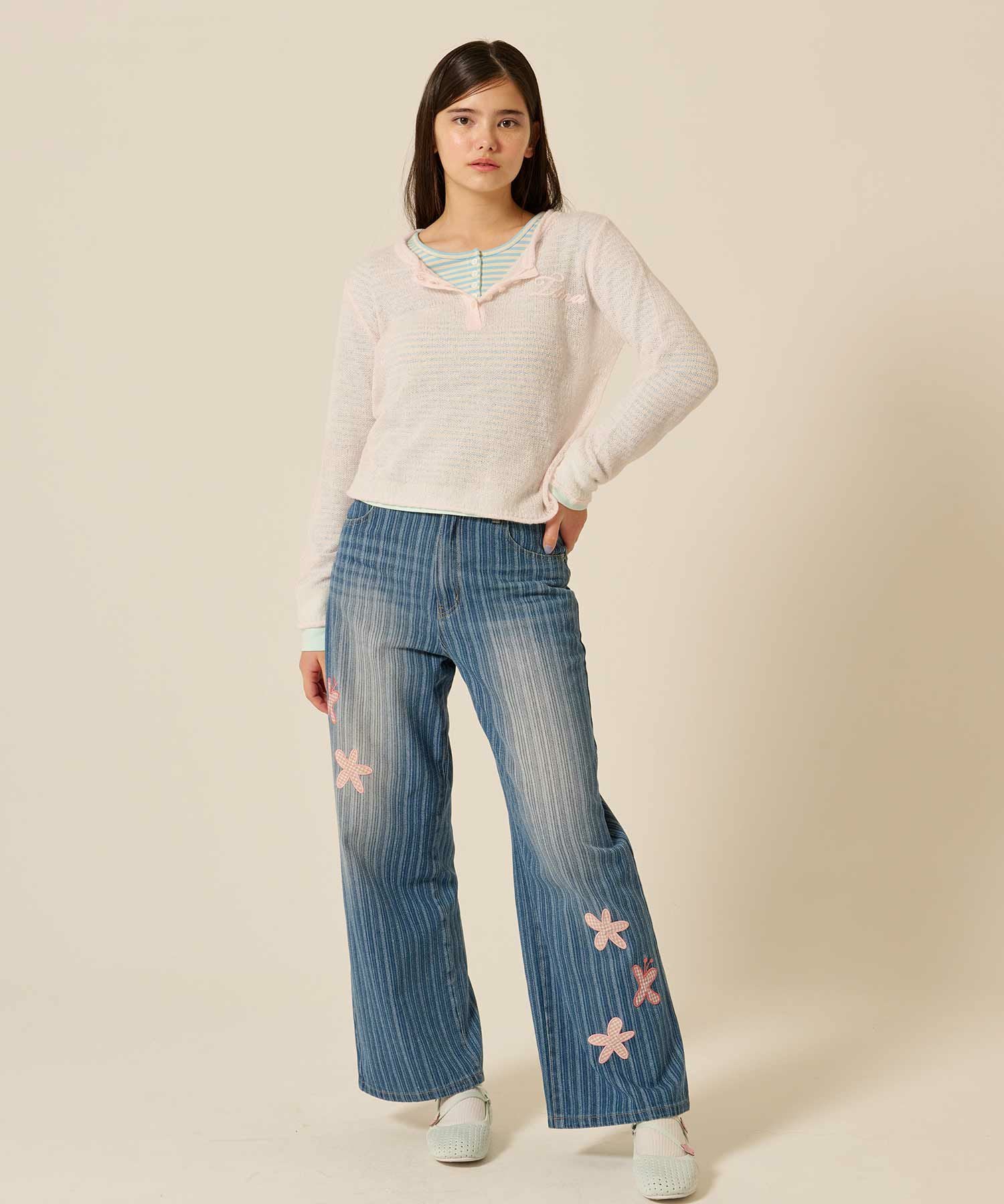 TINA：JOJUN パッチワーク ストライプ デニムパンツ - サックス パッチワーク ストライプ デニムパンツ TINA：JOJUN 全2色｜tnj711