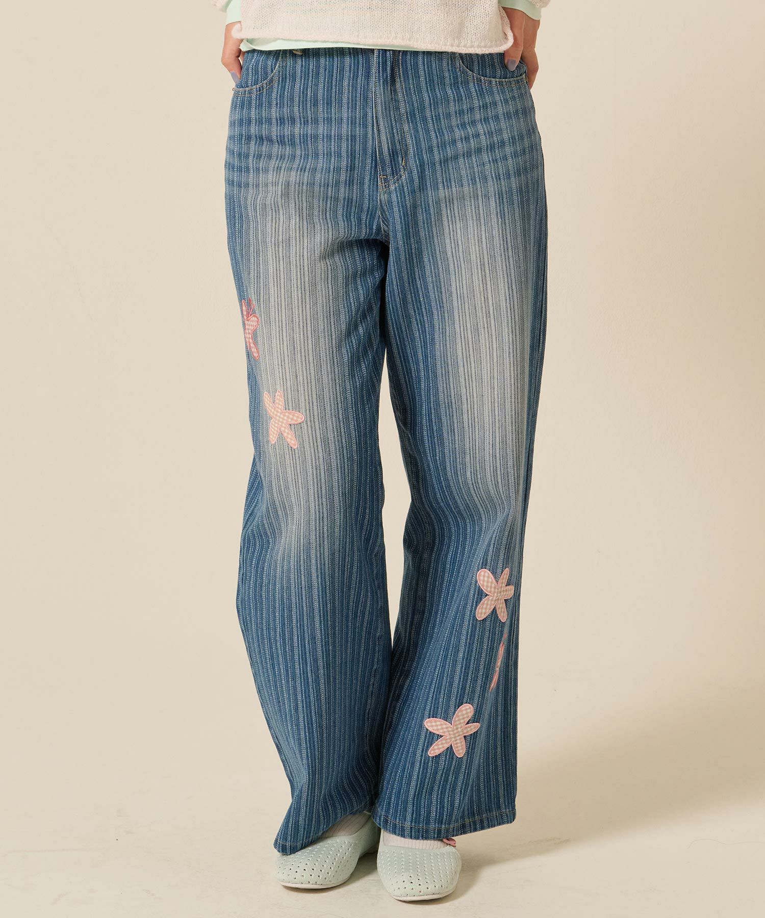 パッチワーク ストライプ デニムパンツ TINA：JOJUN 全2色｜tnj711