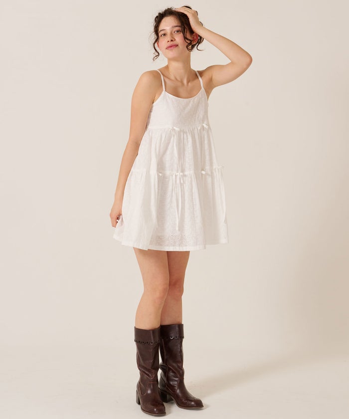 ミニ/キャミ/ホワイト/ティアード リボン ワンピース TINA：JOJUN