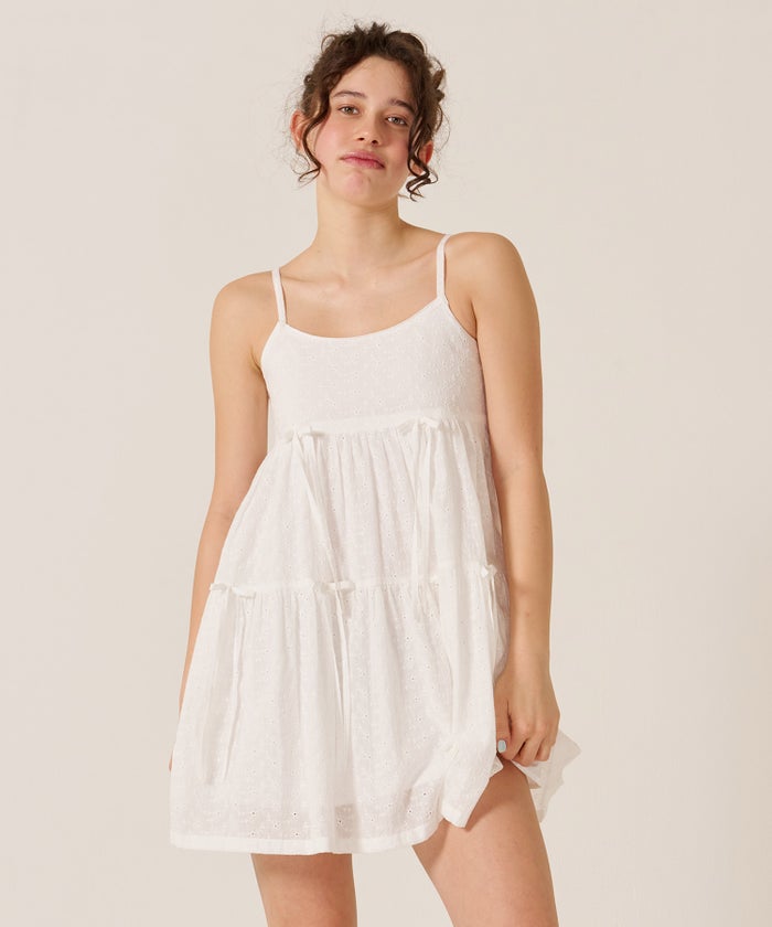 ミニ/キャミ/ホワイト/ティアード リボン ワンピース TINA：JOJUN