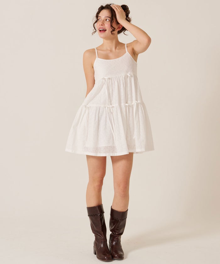 ミニ/キャミ/ホワイト/ティアード リボン ワンピース TINA：JOJUN