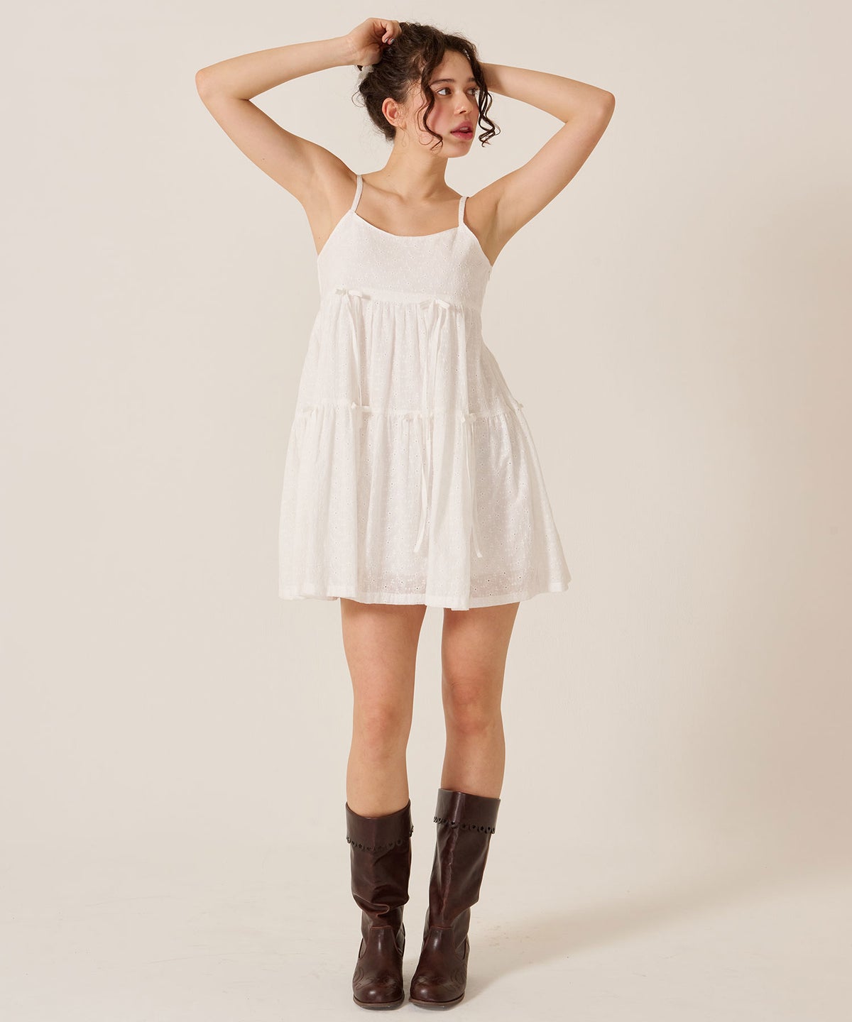 ミニ/キャミ/ホワイト/ティアード リボン ワンピース TINA：JOJUN