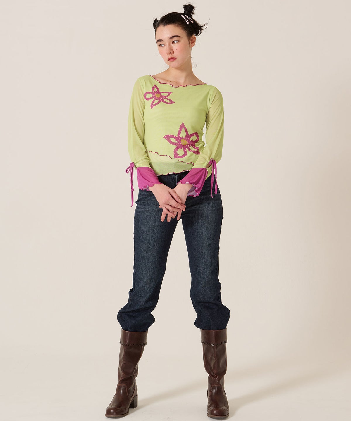 カットソー/ロンT/花柄/フラワープリント バイカラー カットソー TINA：JOJUN