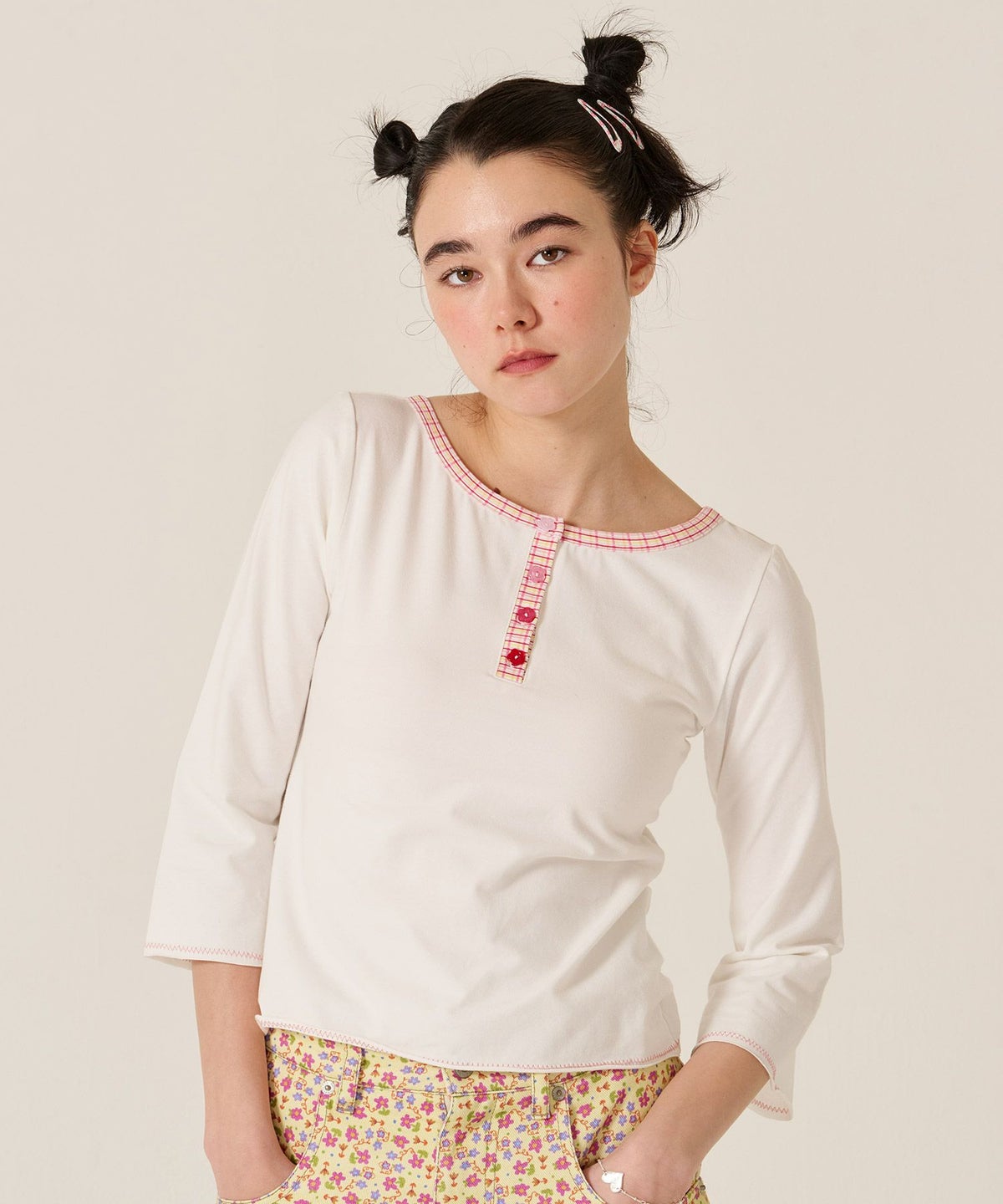 フラワーボタン/ヘンリーネック/ロンT/７分袖