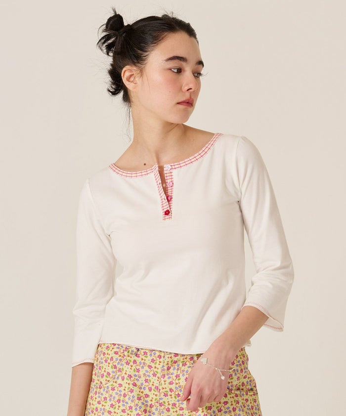 フラワーボタン/ヘンリーネック/ロンT/７分袖