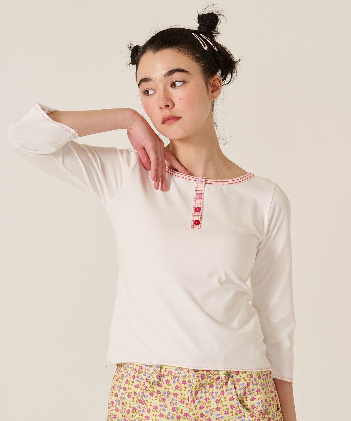 フラワーボタン/ヘンリーネック/ロンT/７分袖