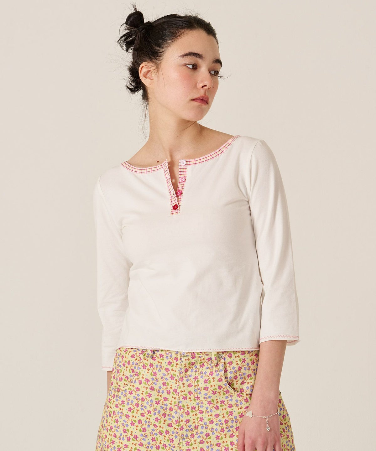 フラワーボタン/ヘンリーネック/ロンT/７分袖