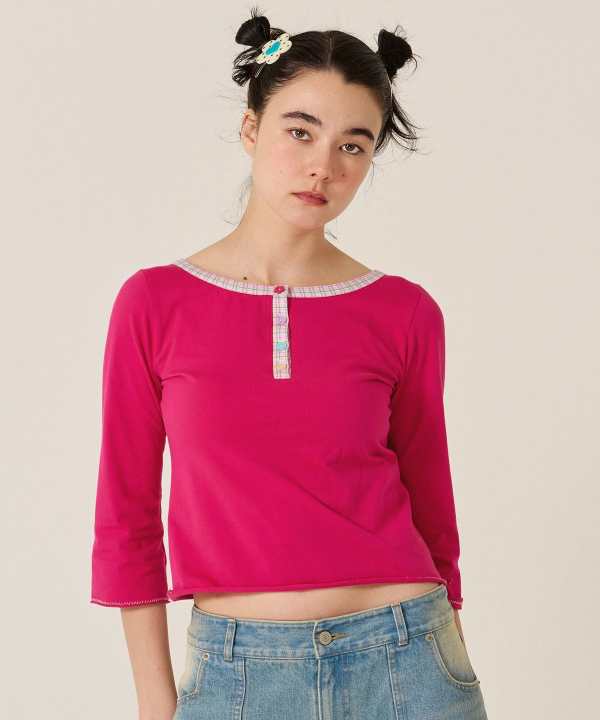 フラワーボタン/ヘンリーネック/ロンT/７分袖