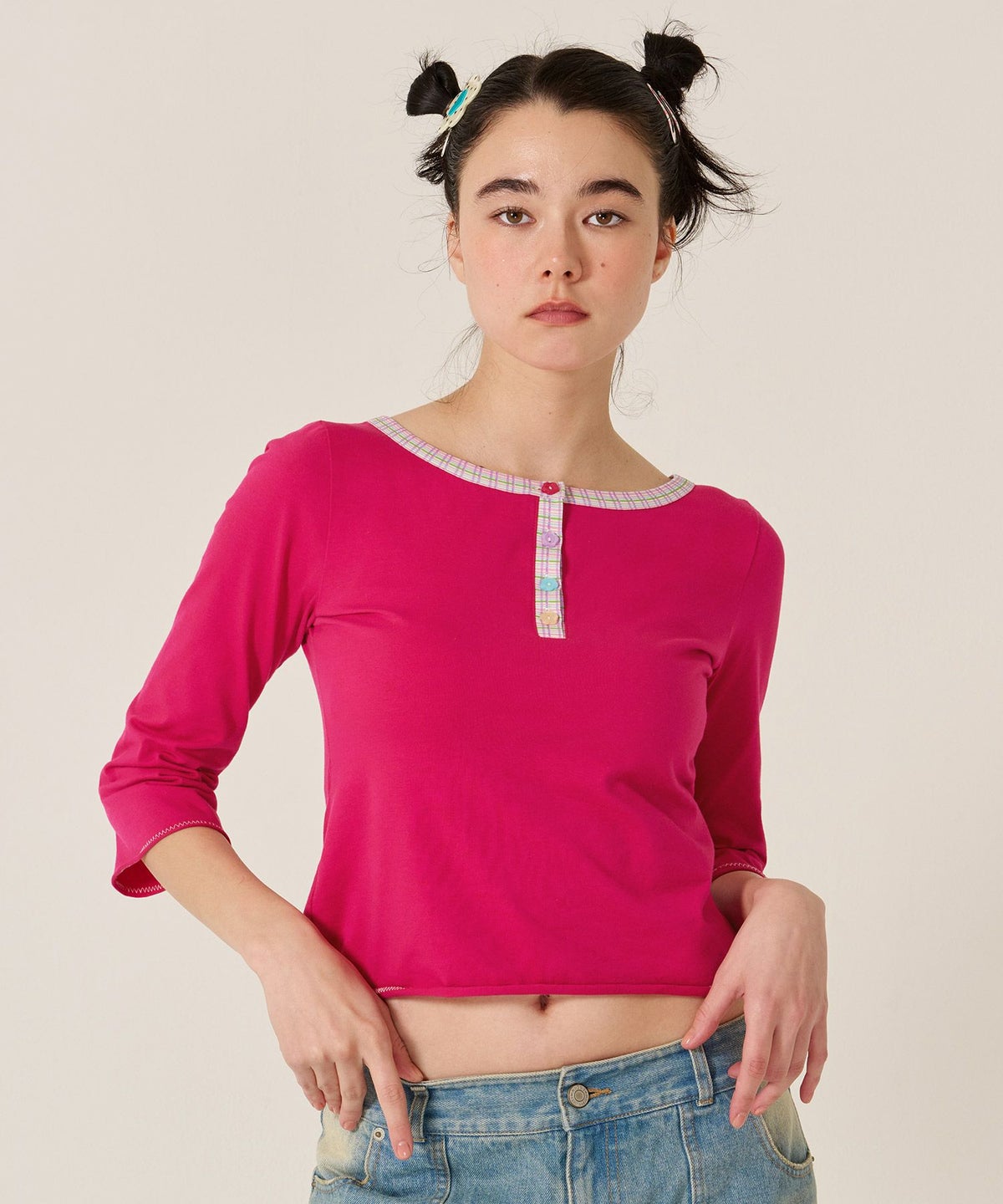 フラワーボタン/ヘンリーネック/ロンT/７分袖