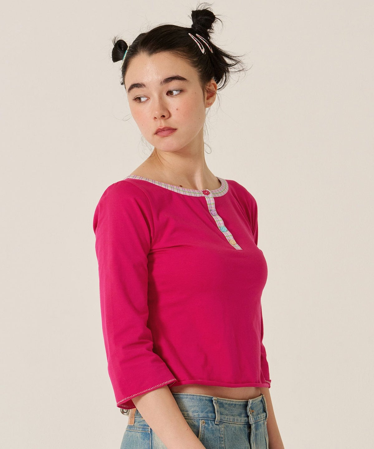 フラワーボタン/ヘンリーネック/ロンT/７分袖