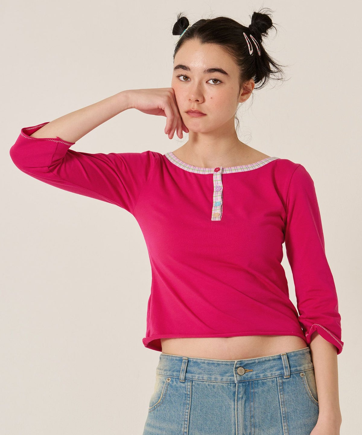 フラワーボタン/ヘンリーネック/ロンT/７分袖