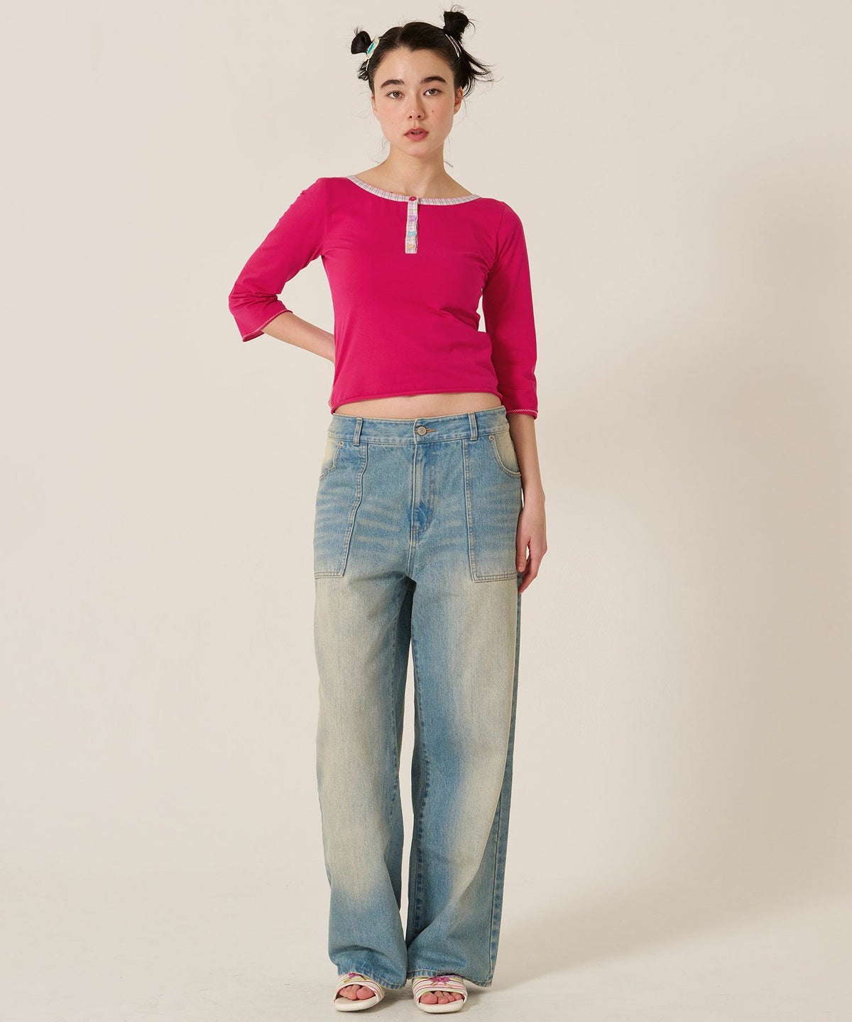 フラワーボタン/ヘンリーネック/ロンT/７分袖