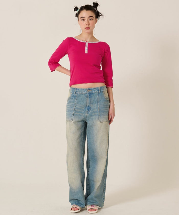 フラワーボタン/ヘンリーネック/ロンT/７分袖