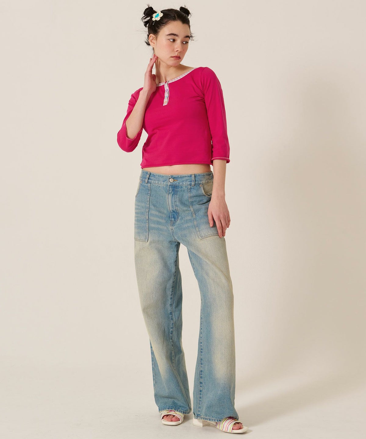 フラワーボタン/ヘンリーネック/ロンT/７分袖