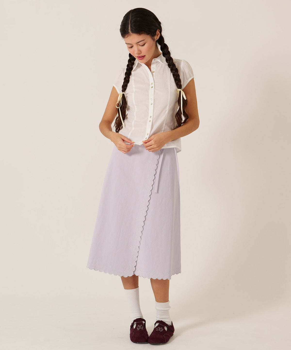 スカート/巻きスカート/刺繍/ラメ スカラップ ラップスカート TINA：JOJUN