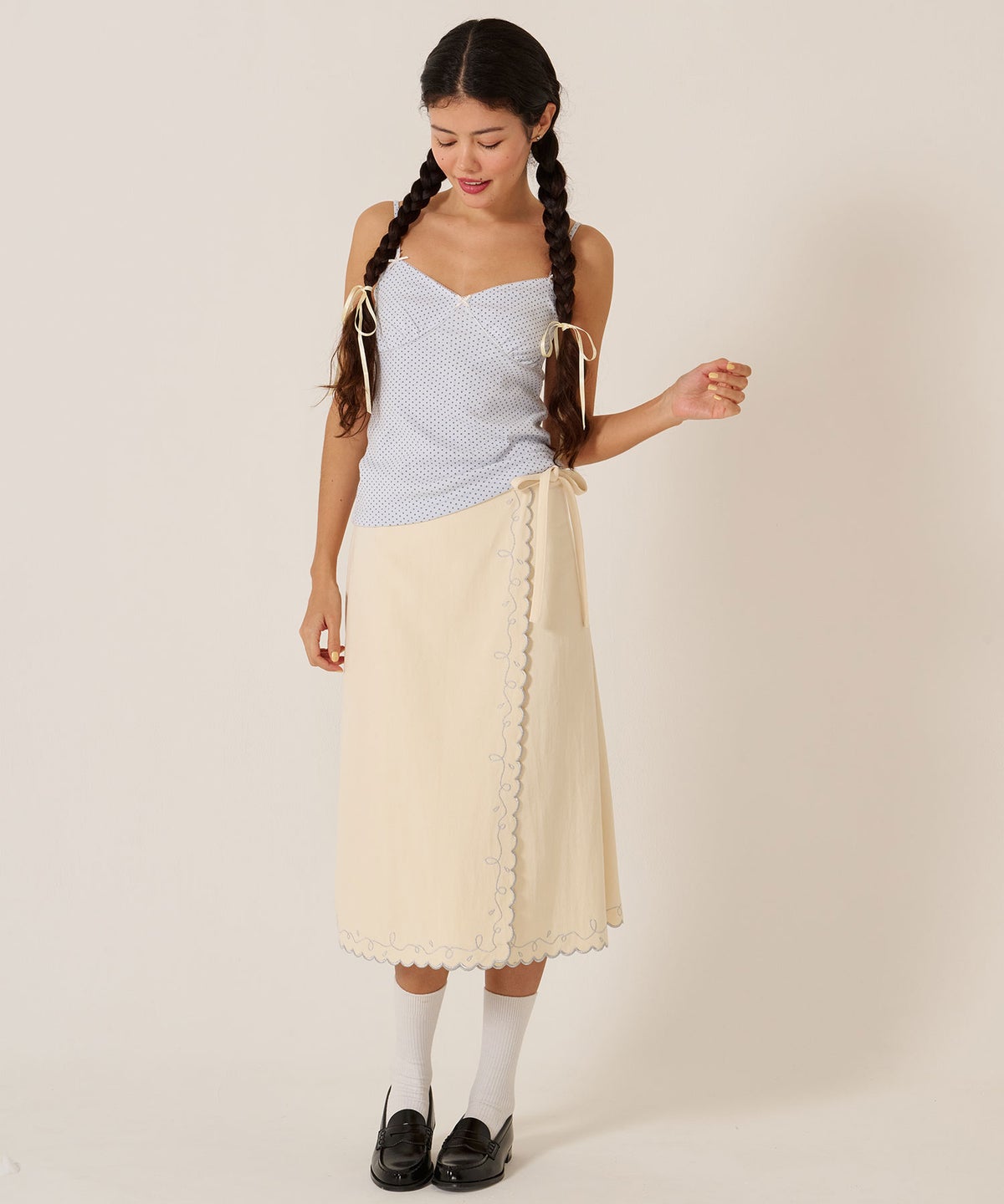 スカート/巻きスカート/刺繍/ラメ スカラップ ラップスカート TINA：JOJUN