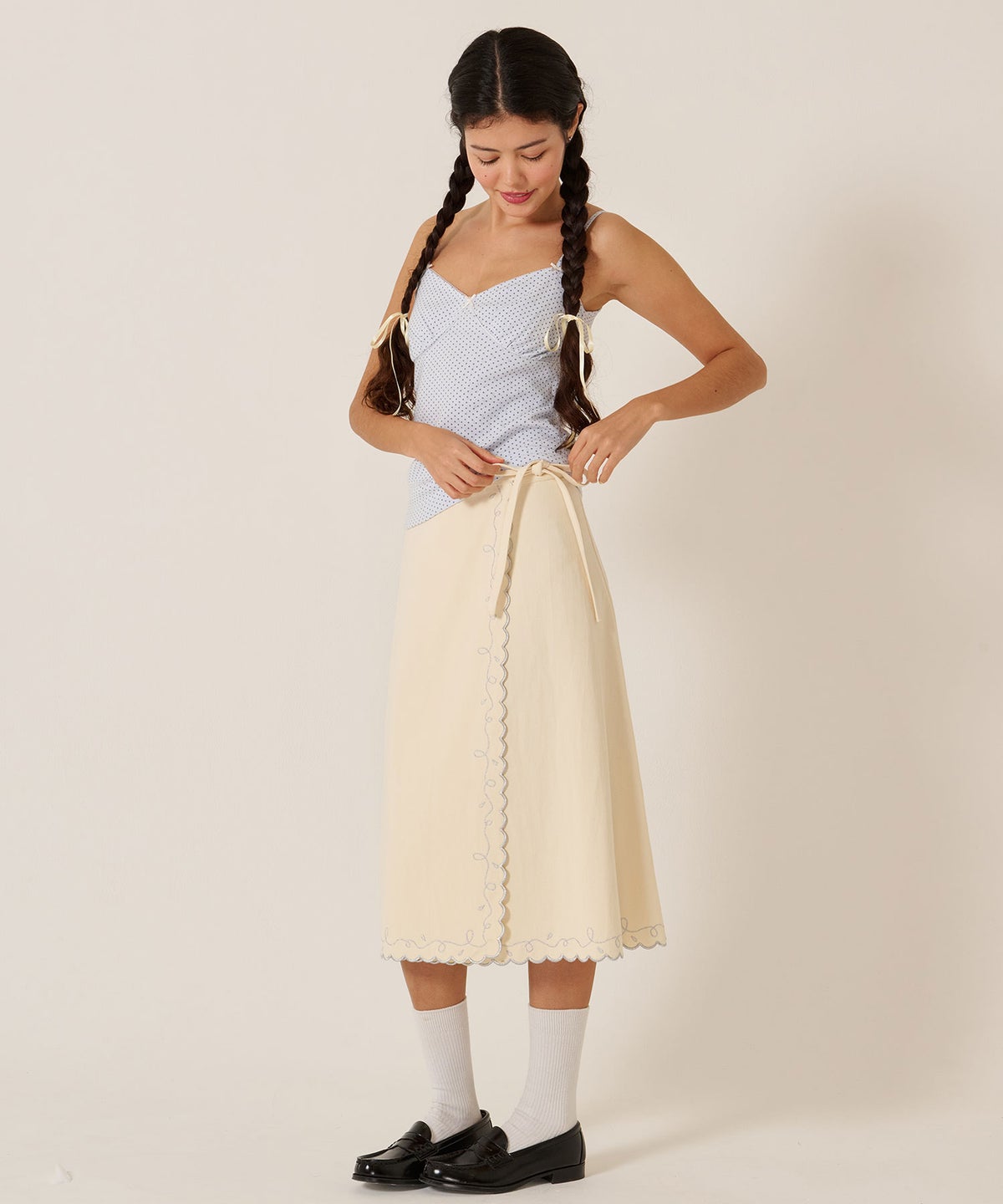 スカート/巻きスカート/刺繍/ラメ スカラップ ラップスカート TINA：JOJUN