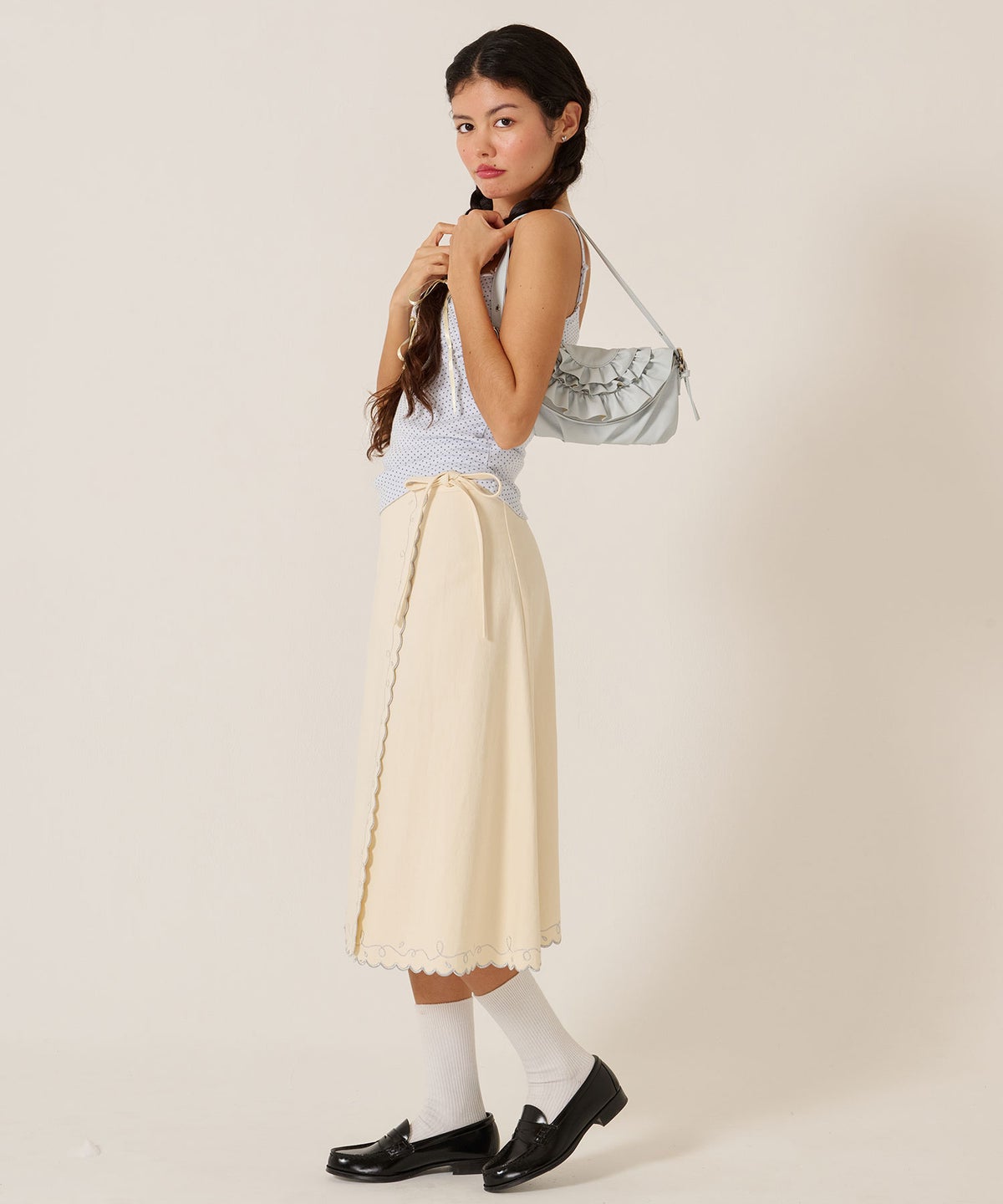 スカート/巻きスカート/刺繍/ラメ スカラップ ラップスカート TINA：JOJUN