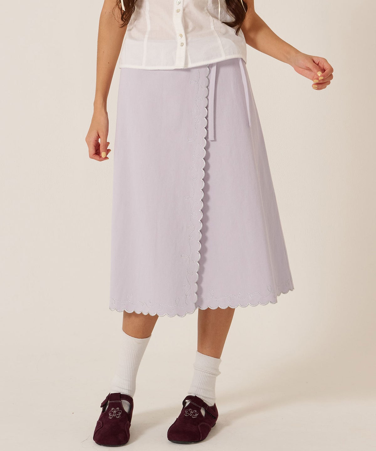 スカート/巻きスカート/刺繍/ラメ スカラップ ラップスカート TINA：JOJUN