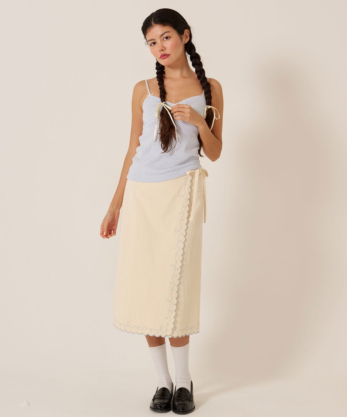 スカート/巻きスカート/刺繍/ラメ スカラップ ラップスカート TINA：JOJUN