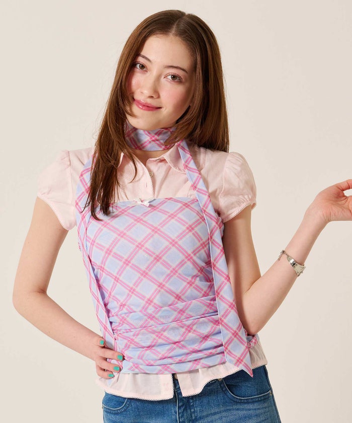 チューブトップ/チェック/スカーフ付き シャーリング チューブトップ TINA：JOJUN