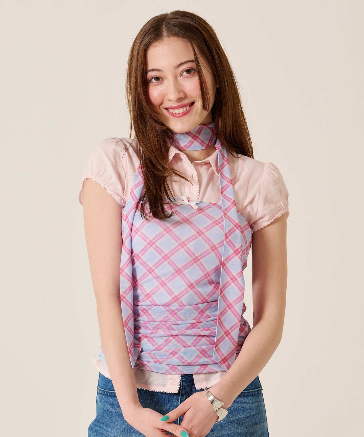 チューブトップ/チェック/スカーフ付き シャーリング チューブトップ TINA：JOJUN