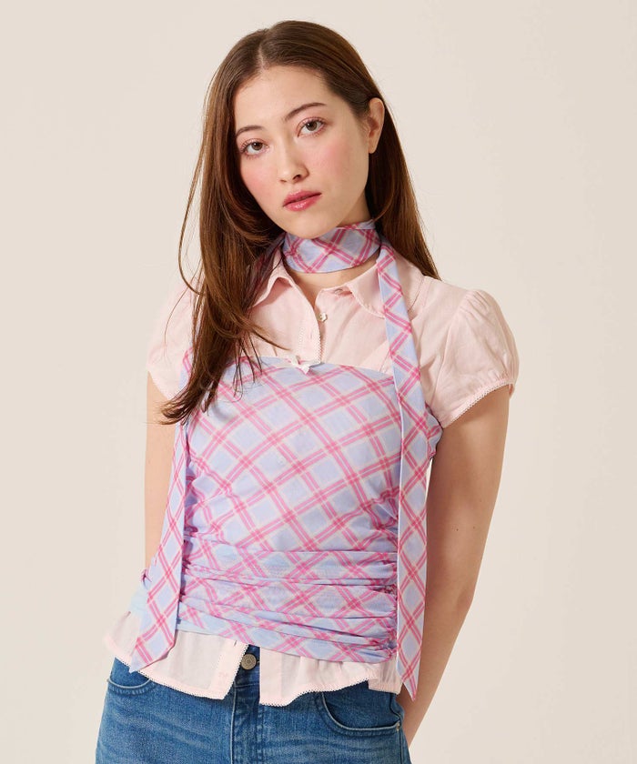 チューブトップ/チェック/スカーフ付き シャーリング チューブトップ TINA：JOJUN