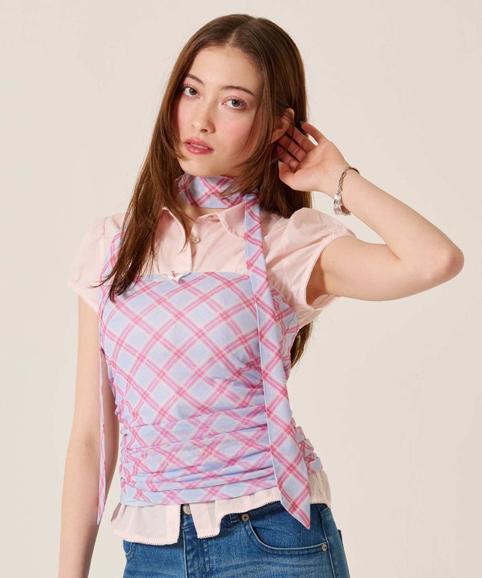 チューブトップ/チェック/スカーフ付き シャーリング チューブトップ TINA：JOJUN