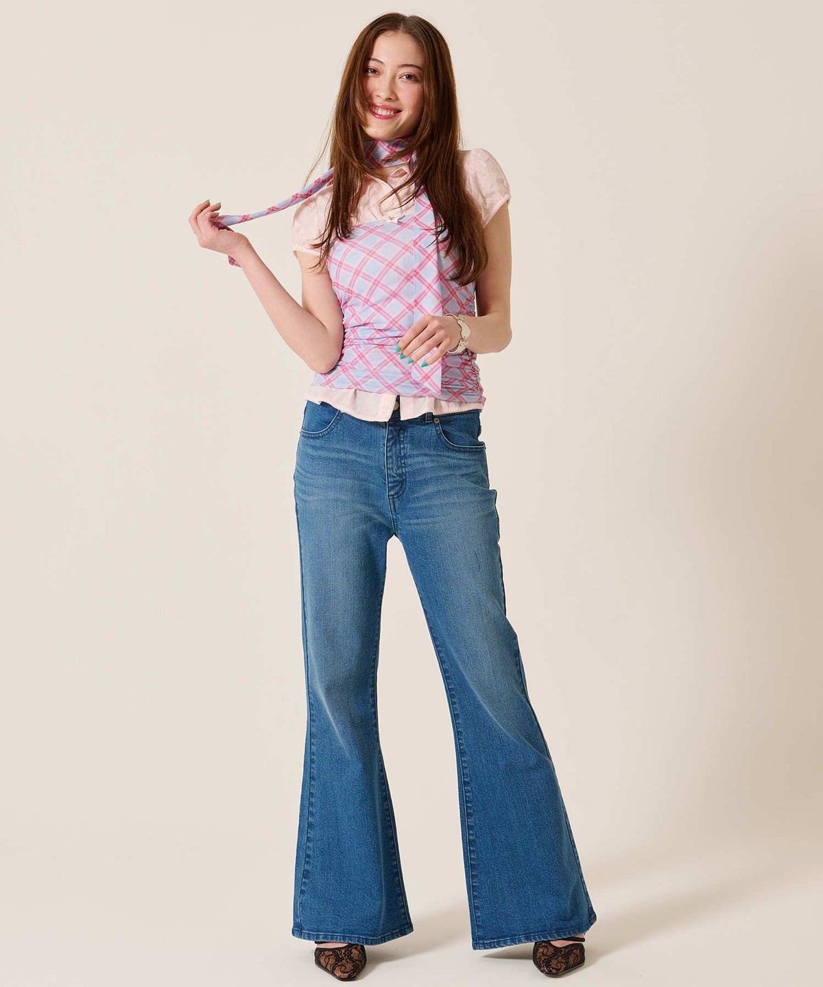 チューブトップ/チェック/スカーフ付き シャーリング チューブトップ TINA：JOJUN