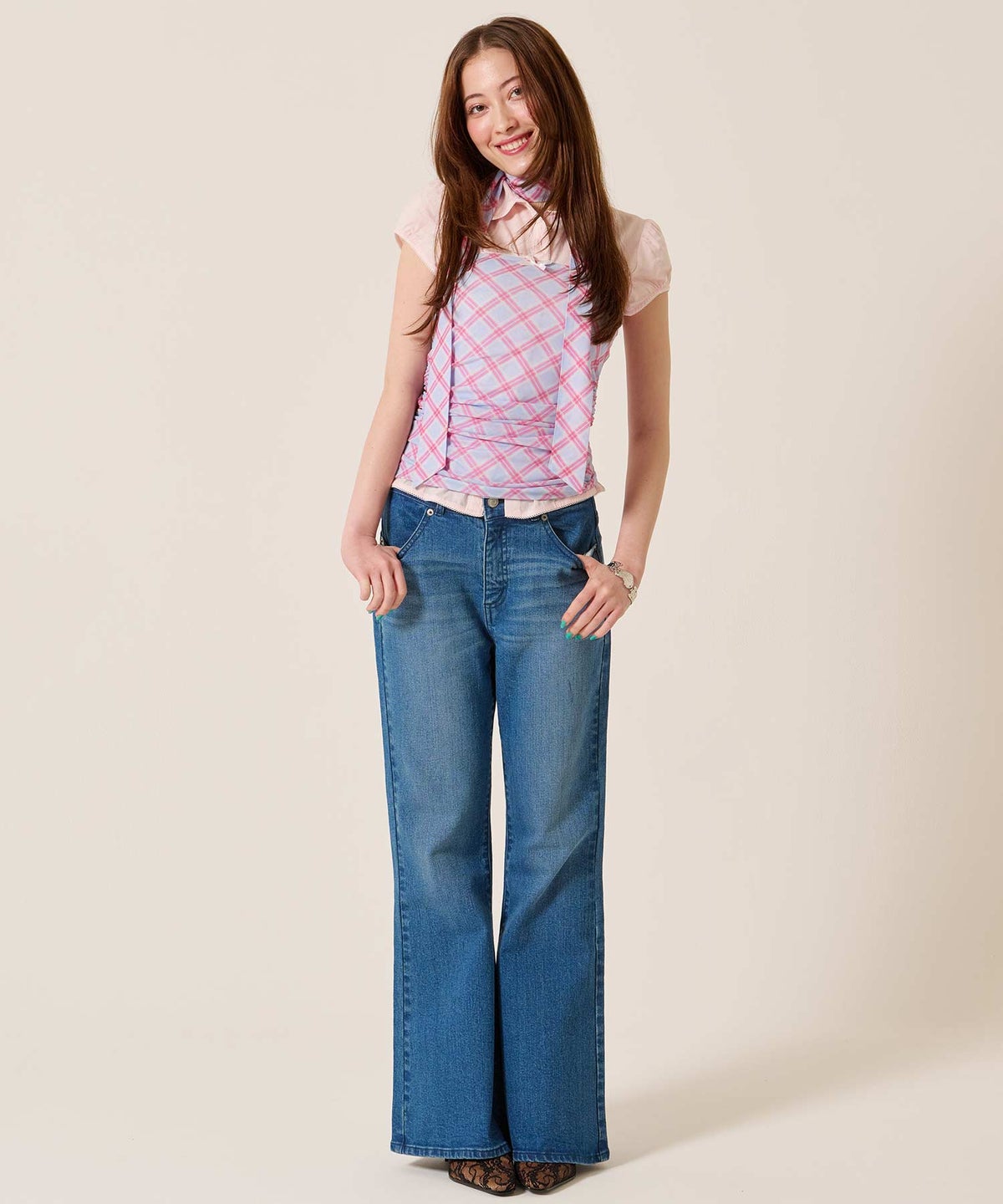 チューブトップ/チェック/スカーフ付き シャーリング チューブトップ TINA：JOJUN