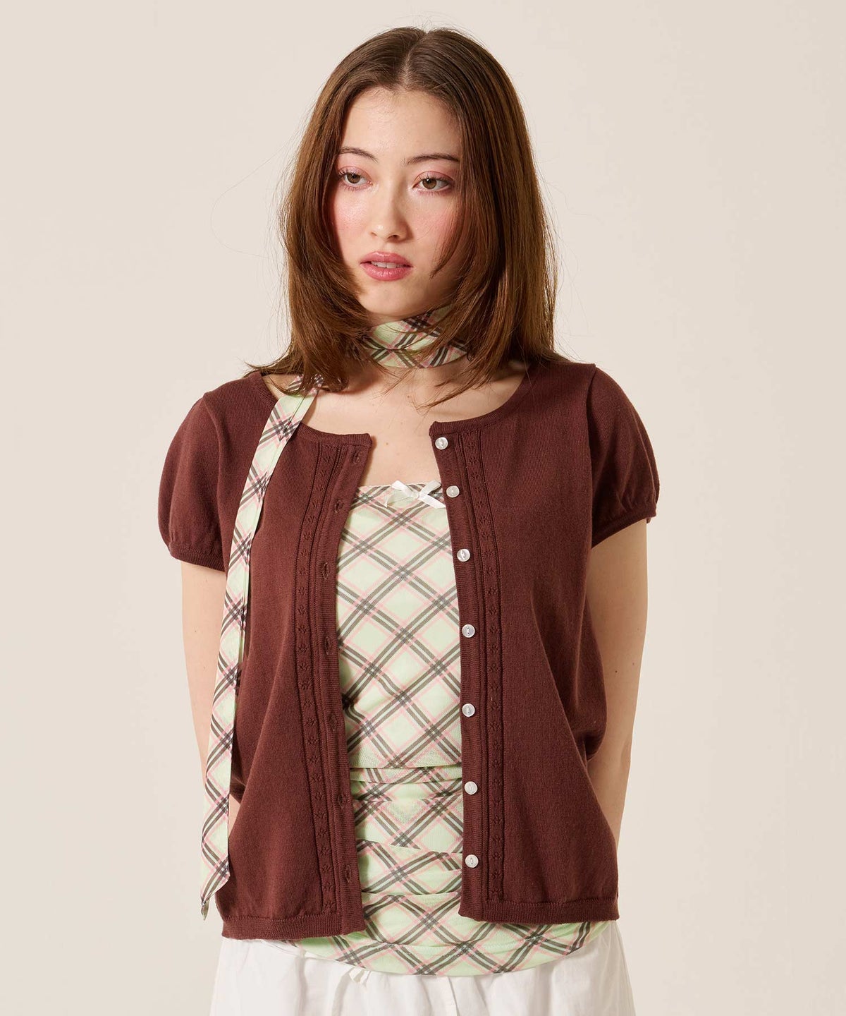 チューブトップ/チェック/スカーフ付き シャーリング チューブトップ TINA：JOJUN