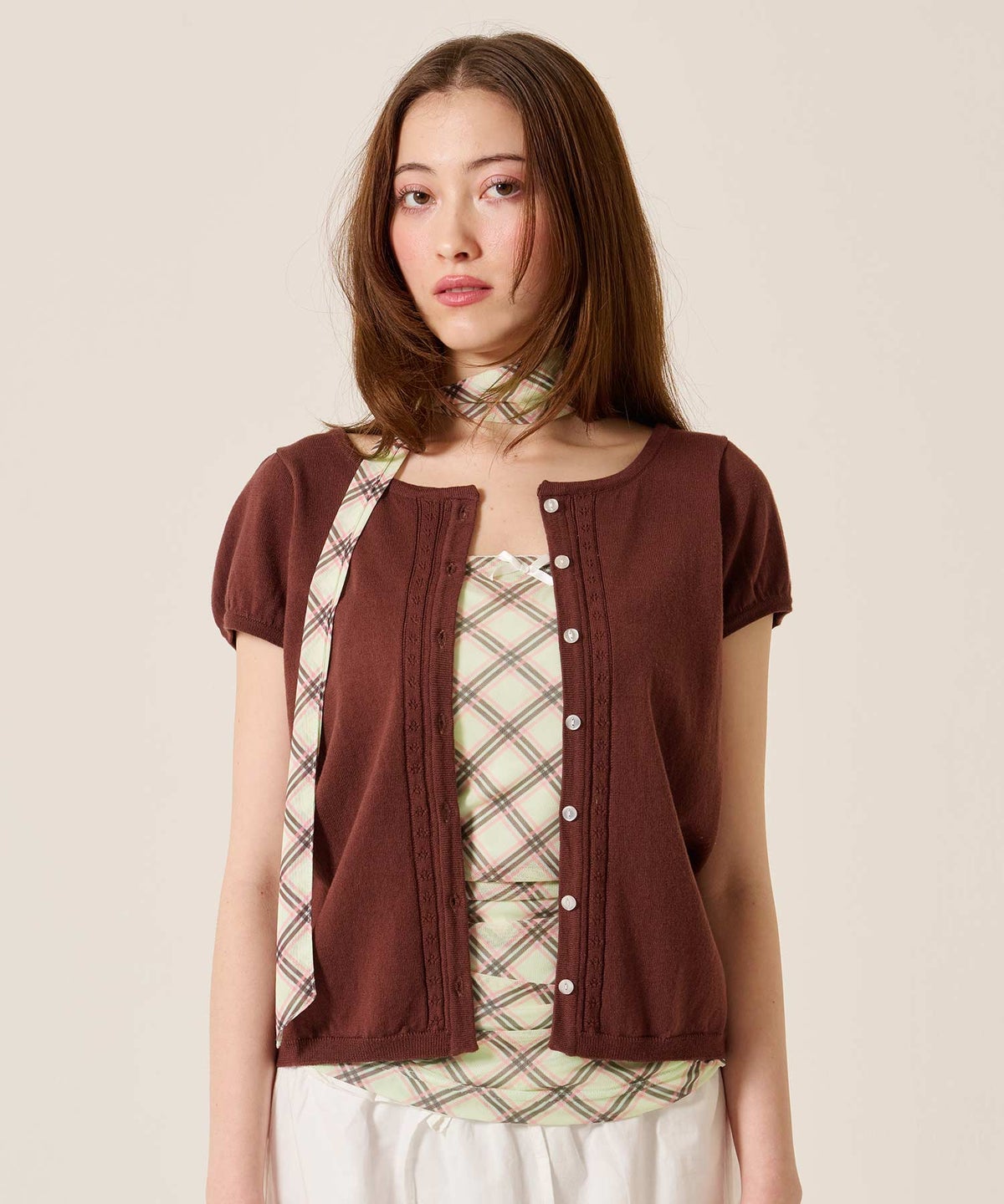 チューブトップ/チェック/スカーフ付き シャーリング チューブトップ TINA：JOJUN