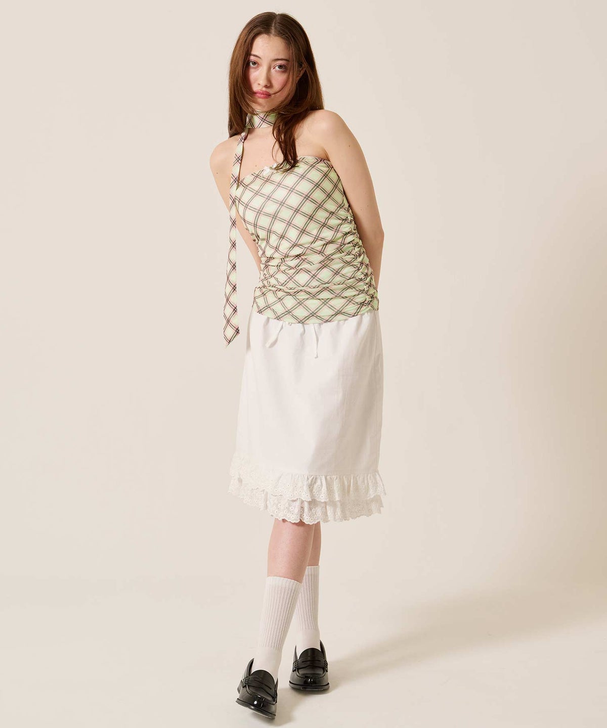 チューブトップ/チェック/スカーフ付き シャーリング チューブトップ TINA：JOJUN