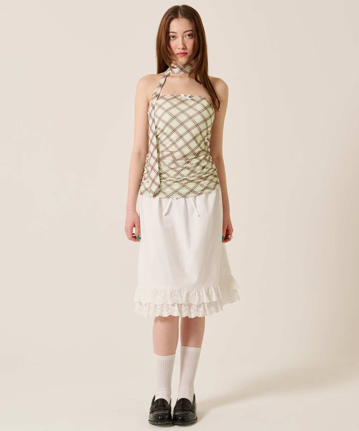 チューブトップ/チェック/スカーフ付き シャーリング チューブトップ TINA：JOJUN