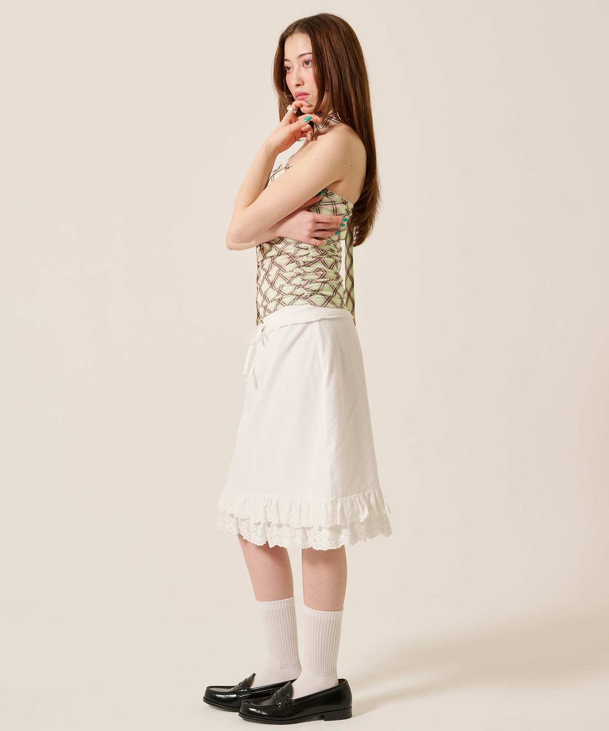 チューブトップ/チェック/スカーフ付き シャーリング チューブトップ TINA：JOJUN