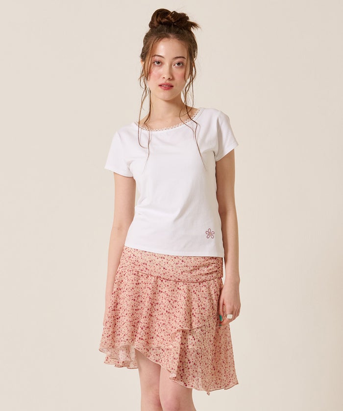 ミニスカート/フリル/花柄/ウエストマーク フレア シフォンスカート TINA：JOJUN