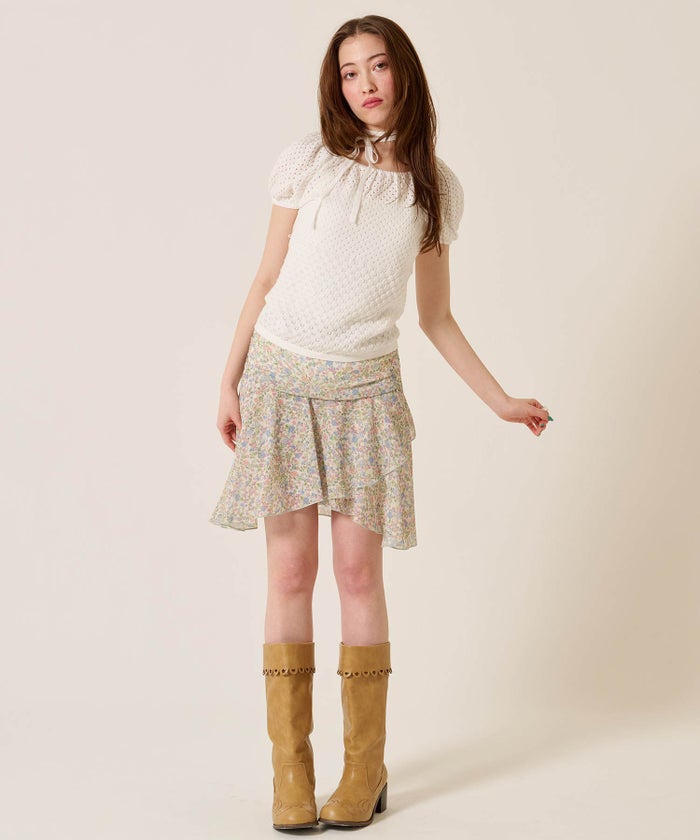 ミニスカート/フリル/花柄/ウエストマーク フレア シフォンスカート TINA：JOJUN