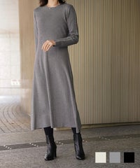 パールトリム Aライン ニット ワンピース レディース 秋 冬 春 ウェーブ オフィス 大人 アイボリー グレー ブラック M パールトリム Aライン ニット ワンピース HUIT
