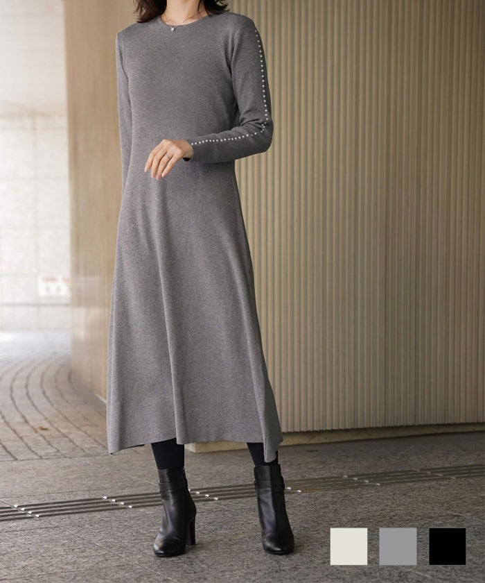 パールトリム Aライン ニット ワンピース レディース 秋 冬 春 ウェーブ オフィス 大人 アイボリー グレー ブラック M パールトリム Aライン ニット ワンピース HUIT