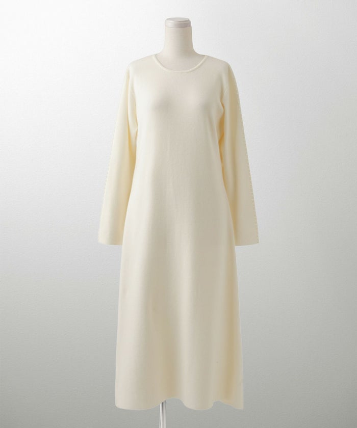 パールトリム Aライン ニット ワンピース レディース 秋 冬 春 ウェーブ オフィス 大人 アイボリー グレー ブラック M