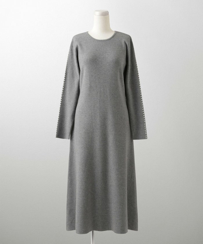 パールトリム Aライン ニット ワンピース レディース 秋 冬 春 ウェーブ オフィス 大人 アイボリー グレー ブラック M