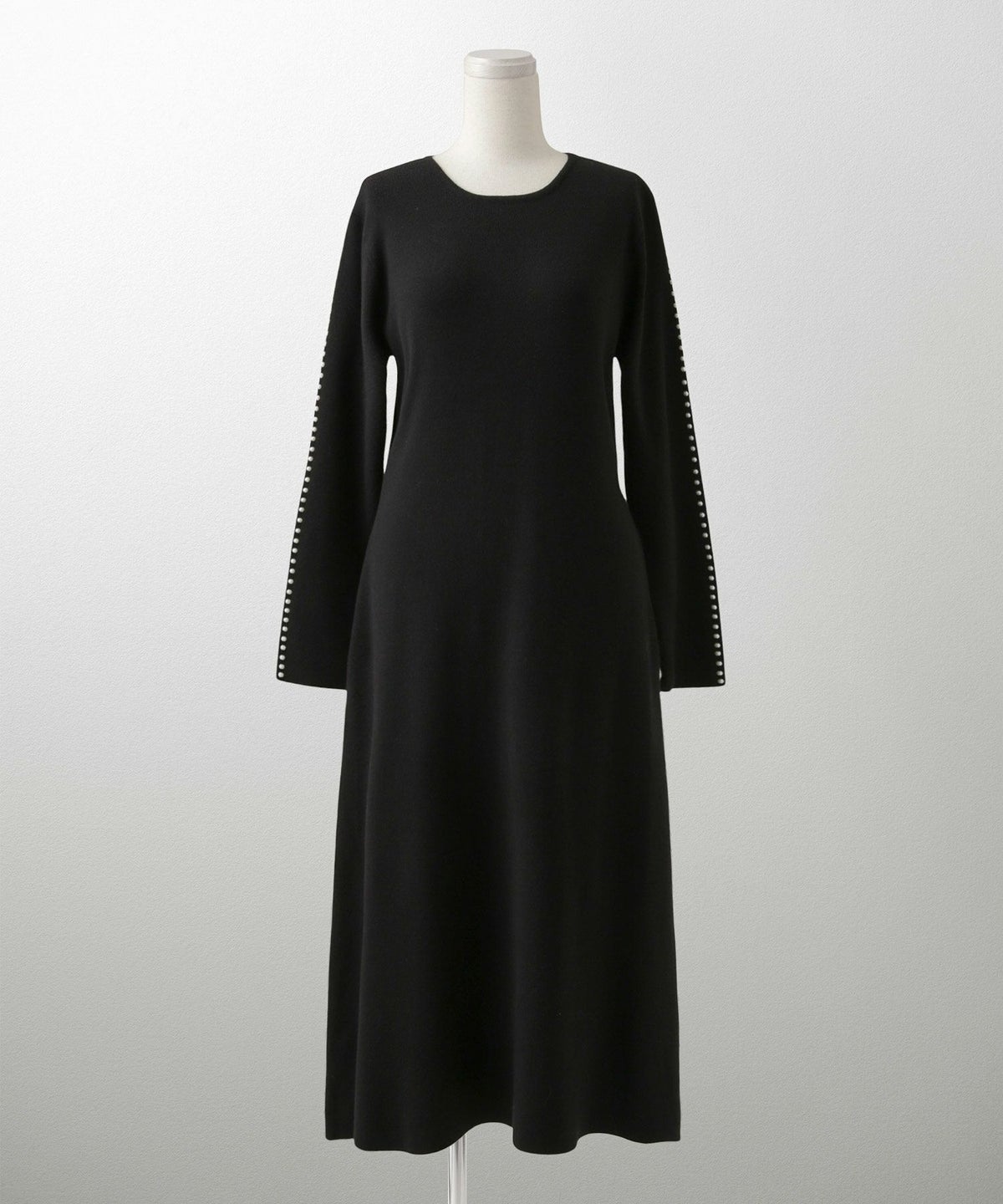 パールトリム Aライン ニット ワンピース レディース 秋 冬 春 ウェーブ オフィス 大人 アイボリー グレー ブラック M