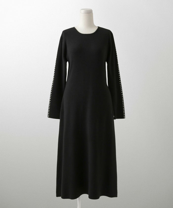 パールトリム Aライン ニット ワンピース レディース 秋 冬 春 ウェーブ オフィス 大人 アイボリー グレー ブラック M