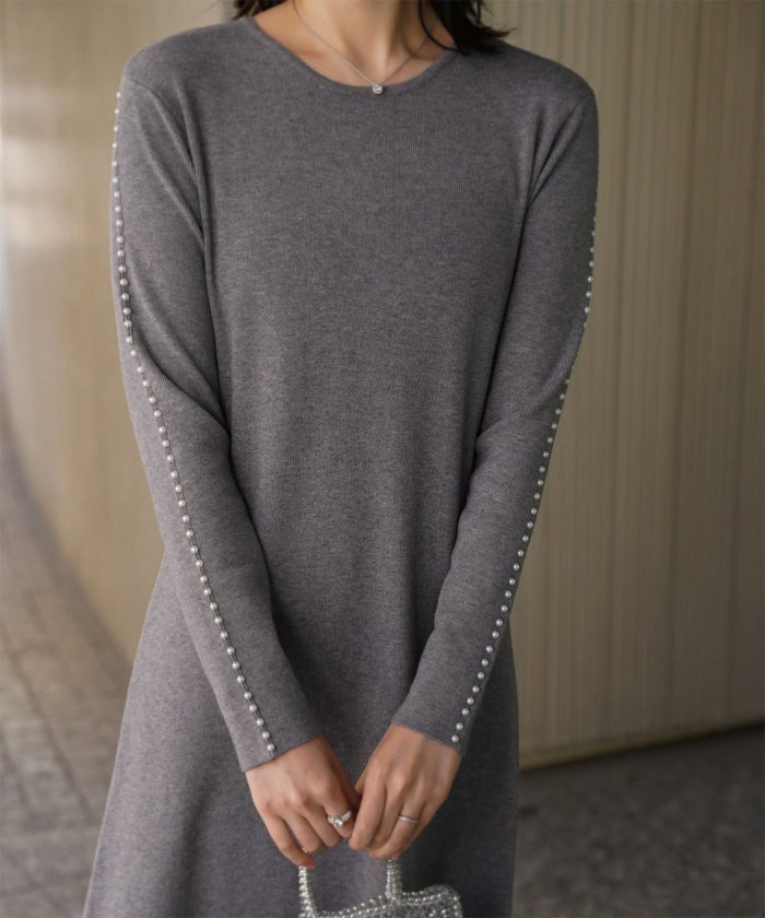 パールトリム Aライン ニット ワンピース レディース 秋 冬 春 ウェーブ オフィス 大人 アイボリー グレー ブラック M